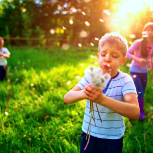 a kid blowing flowers