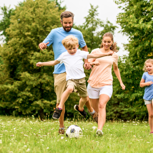 a family playing soccer